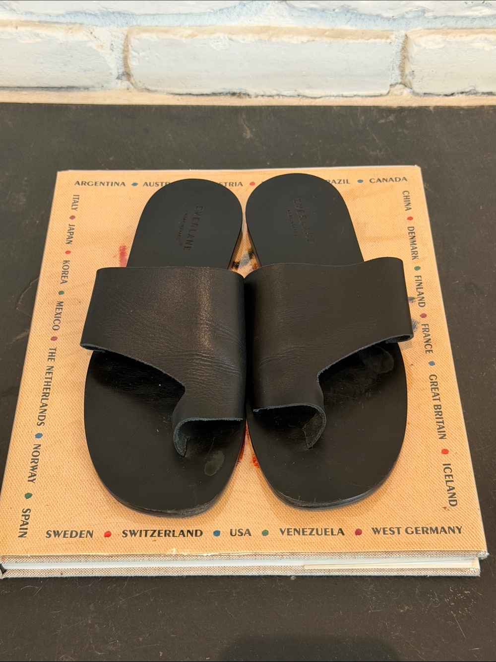 Everlane Black Leather Toe-Loop Slide Sandals
